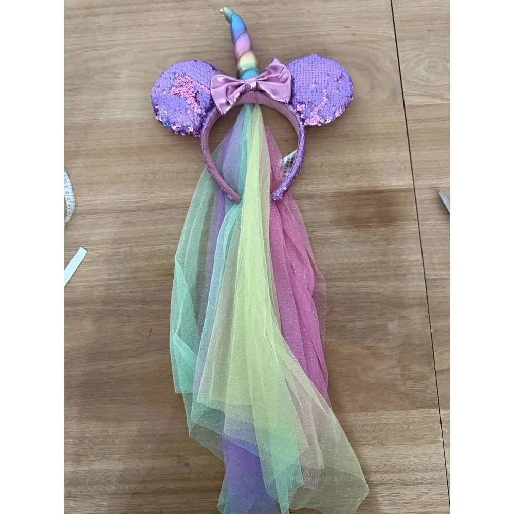 Disney Parks Minnie Mouse Unicorn Sequin Ears Headband Rainbow Veil Purple Pink